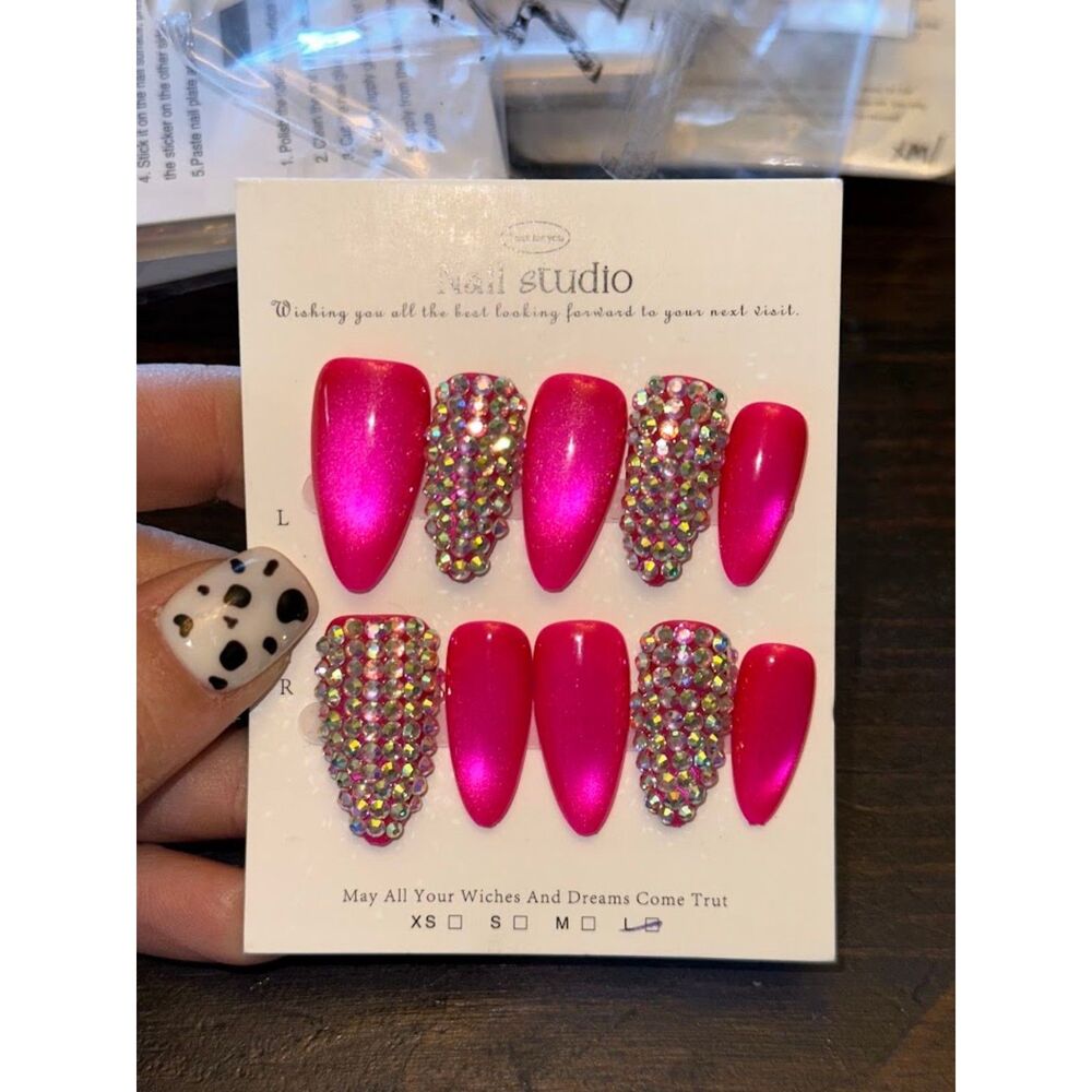 Pink Cateye & Rhinestone Almond Press On Nails Size Large